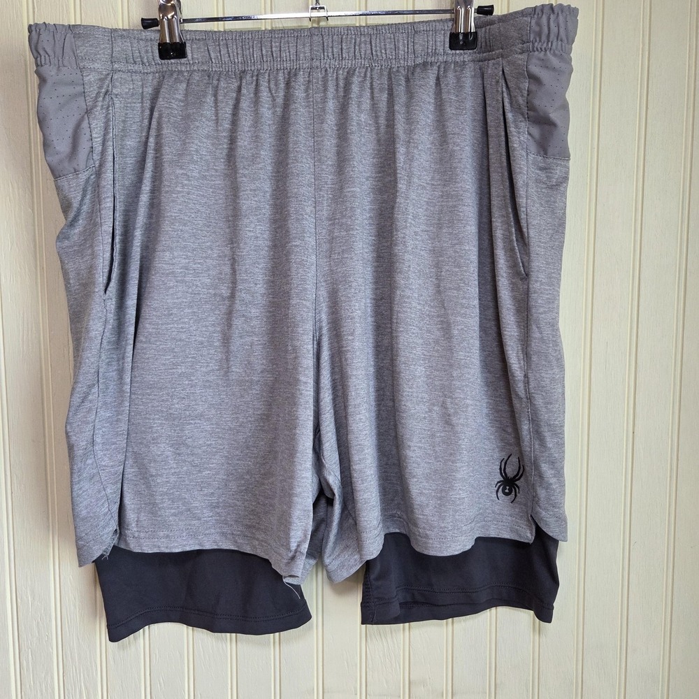 Spyder Active Shorts Mens XL Gray 2 In 1 Lined Athletic Running Gym Stretch